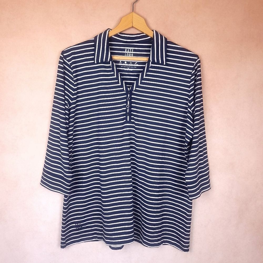 Kate Lord Performance Navy White Button Up Polo Shirt 1/2 Sleeve Size XL